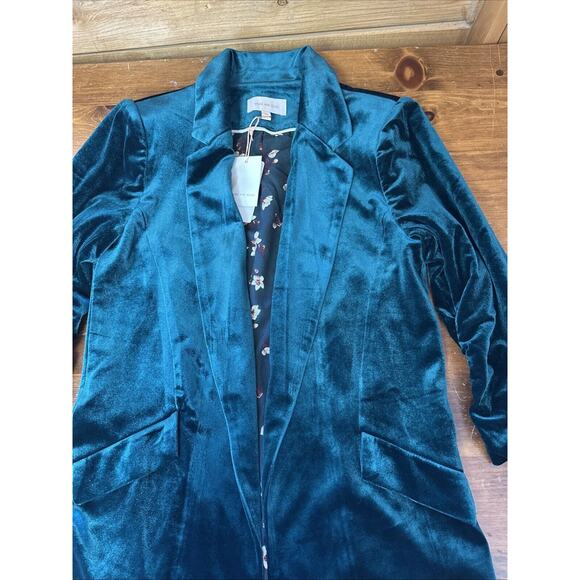 Skies Are Blue NWT Blazer Womens XS Ruched 3/4 Sleeve Velvet Open Front Green - Picture 11 of 13